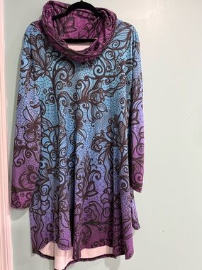 Cowl Neck Tunic Top/Dress with Beautiful Purple & Blue Design